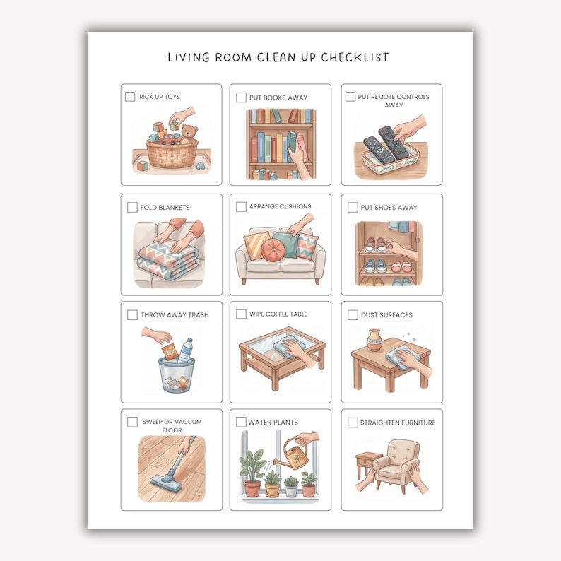 May include: A Living Room Clean Up Checklist printed on white paper with twelve illustrated squares. Each square features a task like pick up toys, put books away, fold blankets, arrange cushions, put shoes away, throw away trash, and water plants.