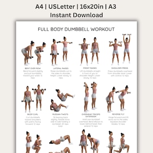 May include: A full-body dumbbell workout guide with illustrations of various exercises. The poster includes instructions for exercises like bent-over rows, lateral raises, front raises, and shoulder presses. The text indicates the poster is available in A4, USLetter, 16x20in, and A3 sizes.