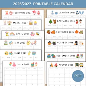 Redigerbar kalender 2026/2027 för barn, Kalender 2026/2027 Kalender, Söt kalender Hemundervisningskalender Utskrivbar Månadskalender Barn PDF
