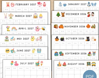 Calendario modificabile 2026/2027 per bambini, Calendario 2026/2027, Calendario carino, Calendario per l'homeschooling, Calendario mensile stampabile per bambini in PDF