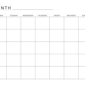 以下が含まれることがあります： 白地のミニマリストな月間カレンダーテンプレート。上部に「MONTH」の文字があり、その下に水平線があります。週の各曜日は上部にリストされ、各曜日の下に空白のボックスがあります。