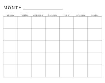 Simple Blank Calendar Universal with No Designs, Printable Calendar Template PDF, Instant Download