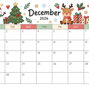 May include: A December 2026 calendar page featuring festive holiday illustrations including a snowman, a decorated Christmas tree, a reindeer, wrapped gifts, and a gingerbread man. The grid displays days of the week and dates from 1 to 31.
