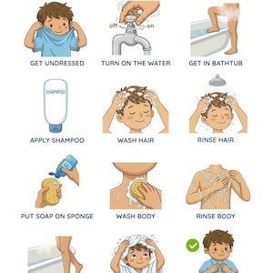 May include: Illustrated guide titled "MY SHOWER ROUTINE" showing steps: undressing, turning on water, entering tub, applying shampoo, washing and rinsing hair, putting soap on sponge, washing and rinsing body, exiting tub, drying hair, and getting dressed.