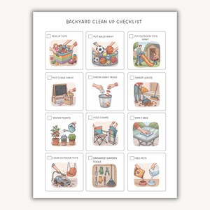 May include: A white Backyard Clean Up Checklist document featuring twelve square boxes with illustrations and text labels. Tasks include picking up toys, putting away balls, sweeping leaves, watering plants, folding chairs, and feeding pets.