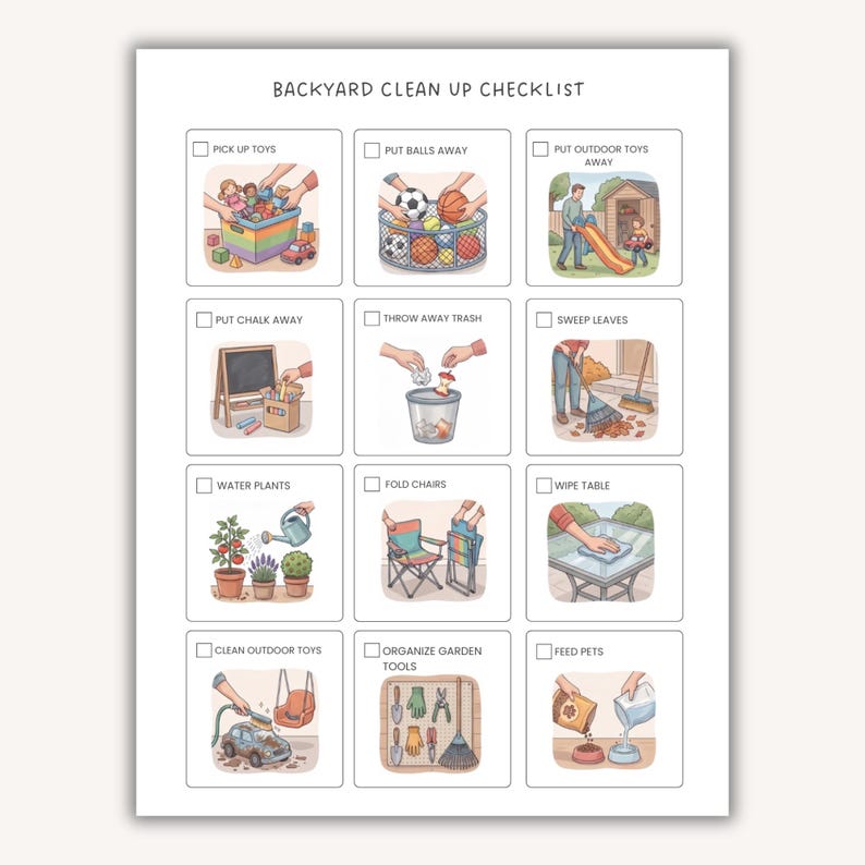 May include: A white Backyard Clean Up Checklist document featuring twelve square boxes with illustrations and text labels. Tasks include picking up toys, putting away balls, sweeping leaves, watering plants, folding chairs, and feeding pets.