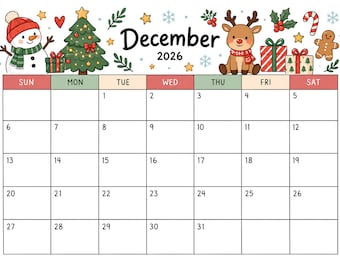 Calendrier de décembre 2026 à imprimer, calendrier modifiable, Noël, calendrier scolaire, calendrier pour l'école à la maison, rentrée scolaire, calendrier de Noël