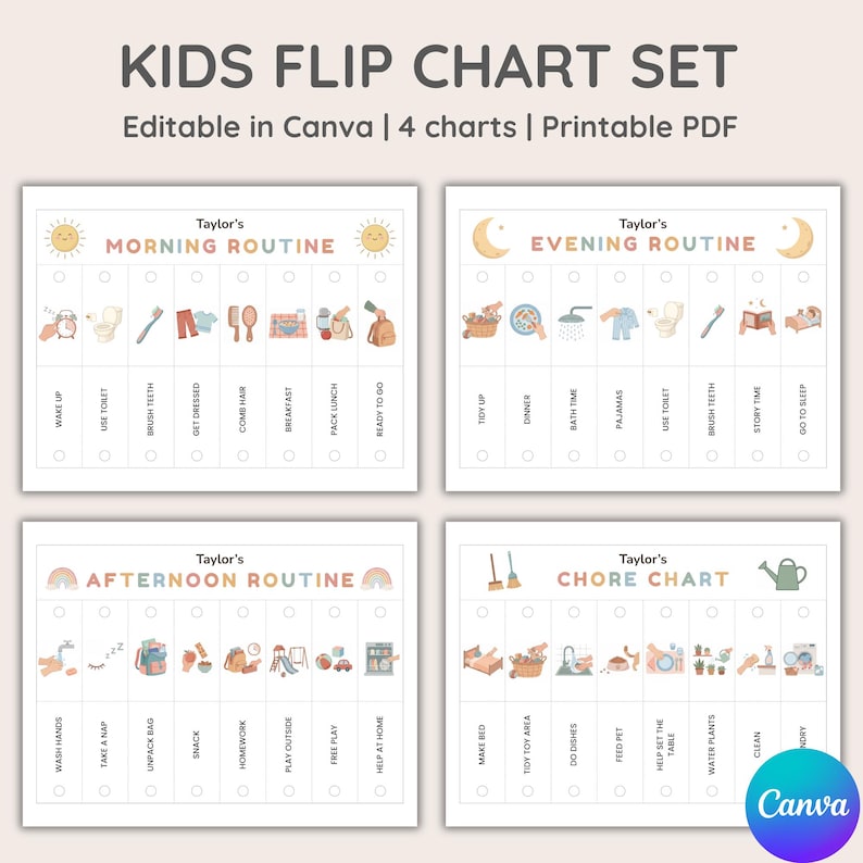 Kids Flip Routine Chart Editable Printable, Morning Evening Bedtime ...