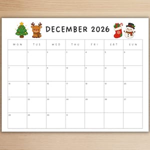 May include: A December 2026 calendar page featuring a grid layout with days of the week labeled from Monday to Sunday. The header includes illustrations of a decorated Christmas tree, a brown reindeer, a red stocking, and a snowman.