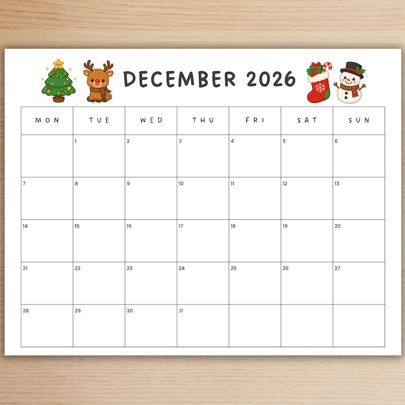 May include: A December 2026 calendar page featuring a grid layout with days of the week labeled from Monday to Sunday. The header includes illustrations of a decorated Christmas tree, a brown reindeer, a red stocking, and a snowman.