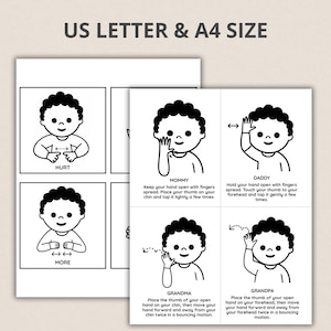 May include: Black and white flashcards with illustrations of a child demonstrating sign language for various words. The cards include instructions for signs like "Mommy," "Daddy," and "Grandma." The text "US LETTER & A4 SIZE" is at the top.