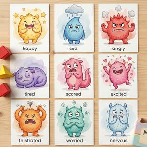 May include: Nine illustrated cards depicting different emotions. Each card features a cartoon monster expressing feelings like happy, sad, angry, tired, scared, excited, frustrated, worried, and nervous. The cards have watercolor backgrounds and text labels.
