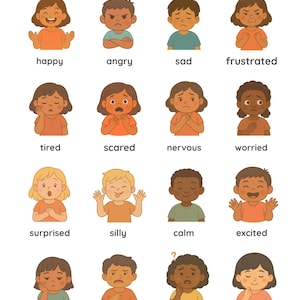 May include: A colorful illustration with the text "Today I am feeling..." and images of children expressing different emotions, including happy, angry, sad, and frustrated. Each emotion is labeled.