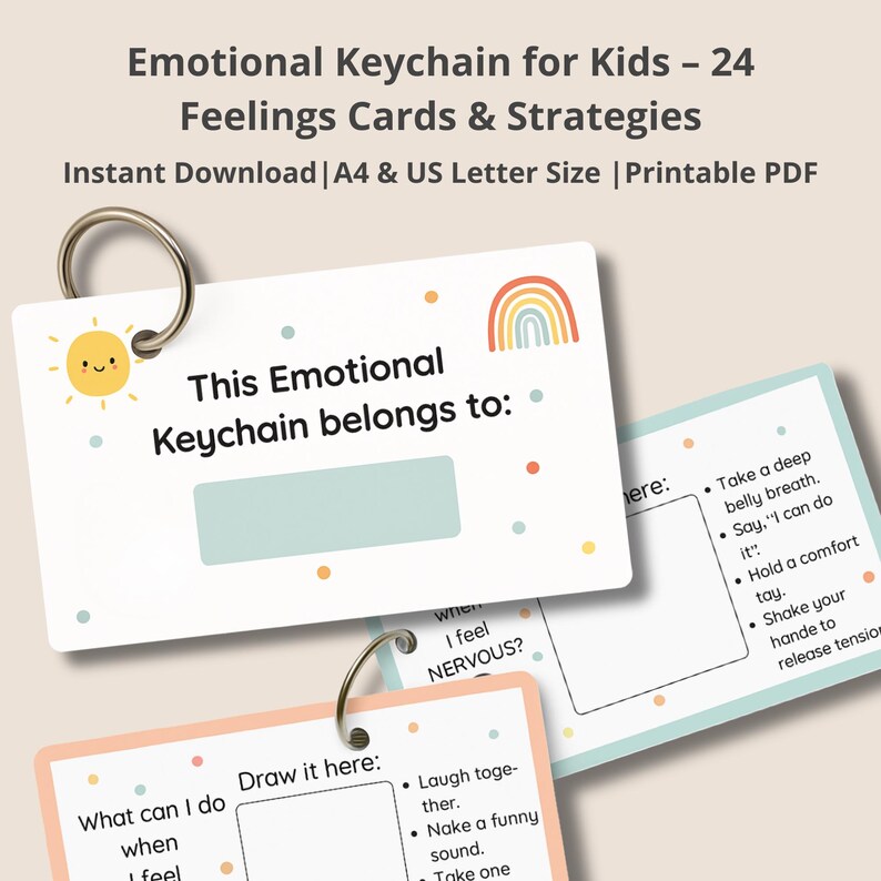 Printable Emotion Cards for Kids, Feelings Keychain With Drawing Space ...