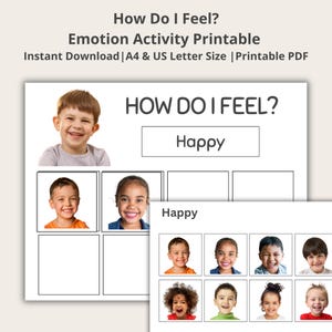 以下が含まれることがあります： 「How Do I Feel?」というタイトルの印刷可能な感情アクティビティシートには、「Happy」というテキストと、さまざまな感情を示す子供たちの画像が掲載されています。 このシートは、A4 および US Letter サイズ用に設計されています。