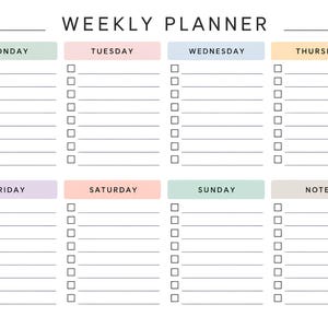 May include: A weekly planner template featuring the text WEEKLY PLANNER at the top. It includes eight columns for Monday through Sunday and a notes section, each with a colored header and a list of checkboxes followed by horizontal lines.