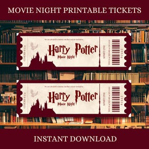 Puede incluir: Entradas imprimibles para una noche de cine de Harry Potter con un esquema de color rojo y blanco. Las entradas presentan una silueta del castillo de Hogwarts y el texto "Harry Potter Noche de cine".