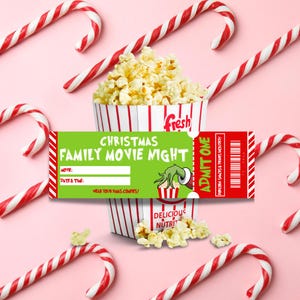 Weihnachtsfilm druckbare Tickets, Grinch Themen Kinokarten, Familienfilmabend