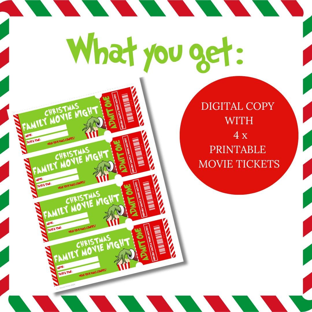 Christmas Movie Printable Tickets, Grinch Themed Movie Tickets, Family ...