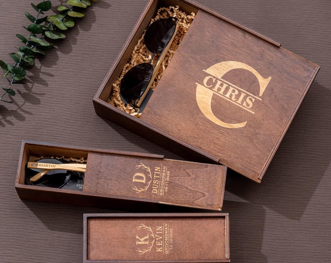 Personalized Wooden Gift Box Set: Engraved Sunglasses & Flask