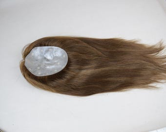Postizo de cabello humano virgen de 16" con base de PU fina, color marrón con reflejos