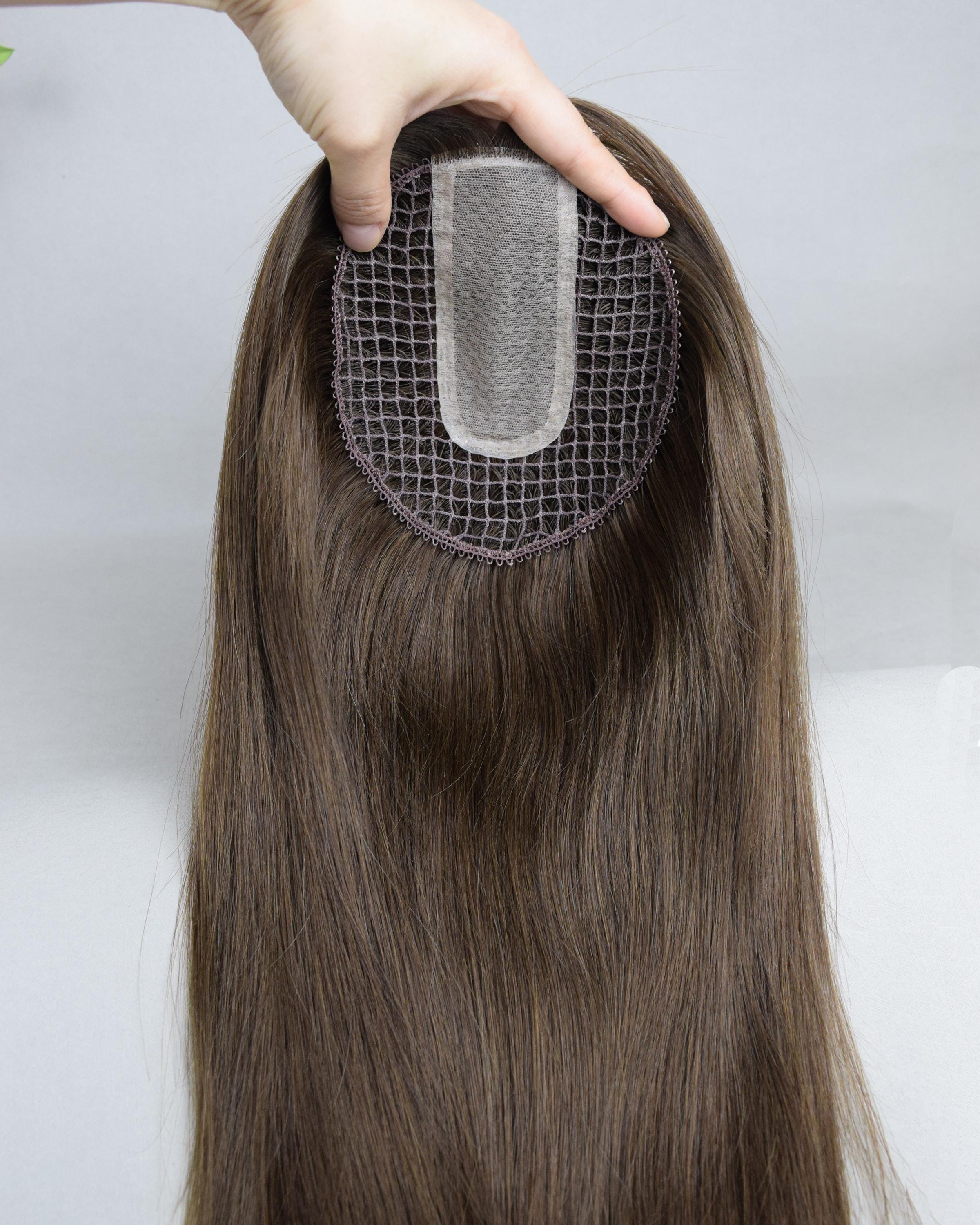 6x6 Silk Part Hair Topper, Hand-Tied Human Hair, Fish Net Base 16 main image 3