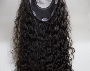 Curly European Human Virgin Hair Topper: Dark Brown 1B Silk Top Hairpiece For Women