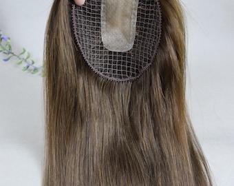 Breathable Silk Top Fishnet Mesh Integration Hair System 16&quot; Medium Brown European Human Virgin Hair Topper Gifts For Women Thinning Hair
