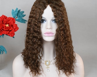 Postizo de cabello virgen europeo, rizado, castaño medio, con parte superior de seda para mujer
