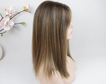 Europese pruik van echt haar: Balayage bruinblond, HD-kanten voorkant, koosjer sheitel