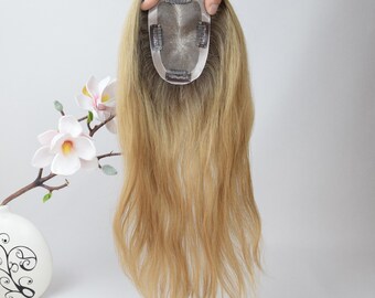 Peluca postiza de cabello humano virgen europeo ondulado con efecto ombré claro marrón, base monofilamento de 3x5".