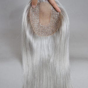 Puede incluir: Un postizo capilar gris plateado con una base de malla y un parche marrón tono piel. El cabello es liso y cae en mechones largos. El postizo es sostenido por una mano sobre un fondo neutro. Esta pieza de cabello está diseñada para agregar volumen y cobertura.