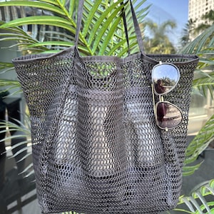 Black Mesh Beach Tote Bag – Oversized Boho Shoulder Bag with Hidden Zipper Pocket | 19&quot; Wide Summer Tote