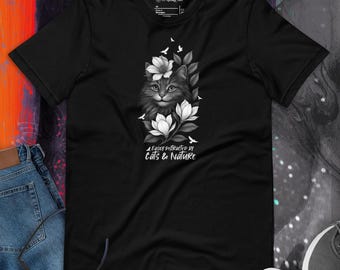 Easily Distracted by Cats and Nature T-Shirt Floral Cat with Birds