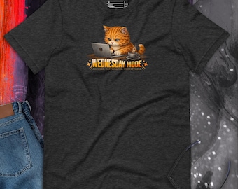 Wednesday Mode Cat Working on Laptop Funny Coffee Shirt