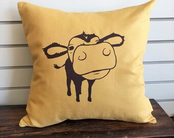 Cow Pillow Cover, 16 x 16 Inch Square Pillow, Brown Cow Screen Print, Mustard Yellow Pillow Cover