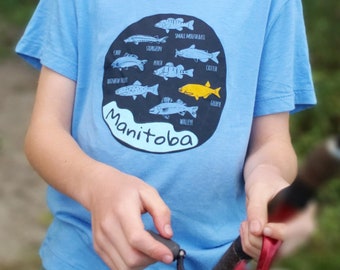 Kids Fishing Tee, Manitoba Fish T-Shirt, Graphic Tee, Screenprint, Blue T-Shirt, Grey T-Shirt, Fish Design