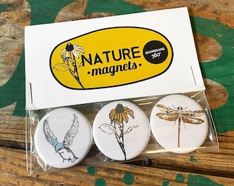 Nature Magnet Set, Set of 3 Magnets, 1.25 Inch Round Magnets, Bird, Dragonfly, Flower, Refrigerator Magnets