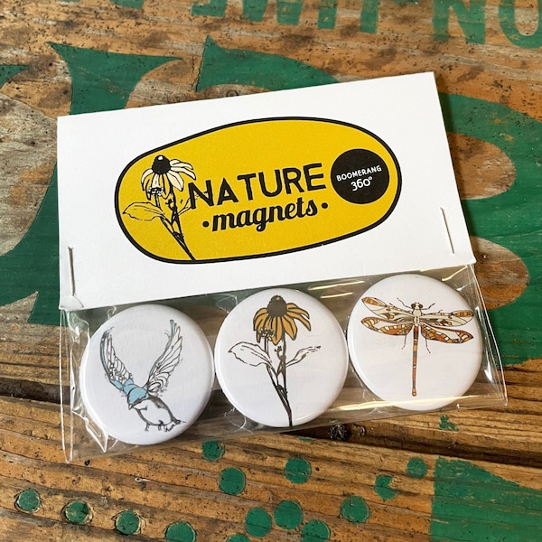 Nature Magnet Set, Set of 3 Magnets, 1.25 Inch Round Magnets, Bird, Dragonfly, Flower, Refrigerator Magnets