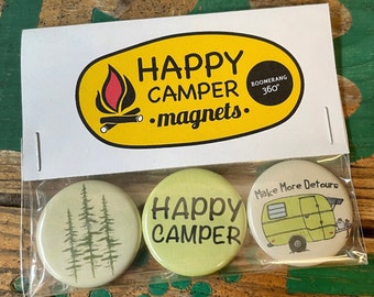 Happy Camper Buttons, Button Pack, Set of 3, 1.25 Inch, Small Buttons, Camping Themed Button Set, Camper, Pine Trees, Stocking Stuffer