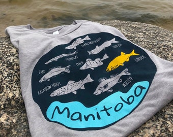 Manitoba Fish T-Shirt, Adult Grey Fishing T-Shirt, Hobby T-Shirt, Mens, Unisex, Prairie Inspired Screenprint
