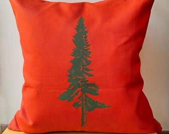 Pine Tree Pillow Cover, 20 x 20 Inch Orange Pillow, Forest Green Tree Screenprint, Decorative Pillow