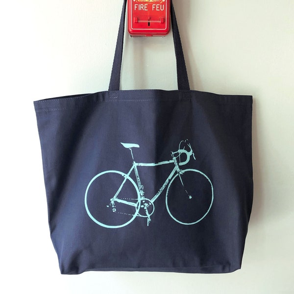 Bike Tote Bag, Jumbo Navy Blue Tote, Bicycle Screen Print, Large Grocery Tote, Road Bike Design, Beach Bag