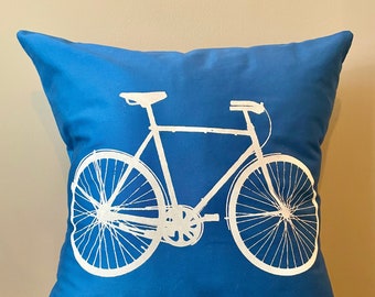 Bike Pillow Cover, Blue Pillow, 20x20 Inch, Road Bike, Bright Blue, Decorative Pillow, Bicycle Screenprint