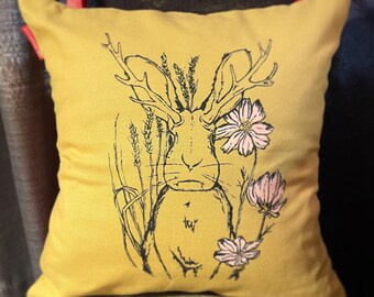 Jackalope Pillow Cover, Mustard Yellow Pillow, 16 x 16 Inch, Mystical Creature, Screenprint