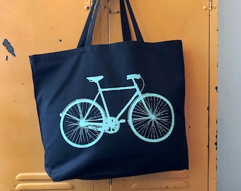 Bike Tote Bag: Jumbo Canvas Screen Print, Farmers Market Bag