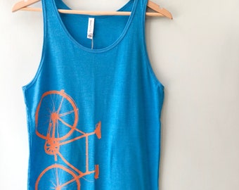 Bike Tank Top, Unisex, Bicycle Screenprint, Neon Blue, Bright Orange Bike