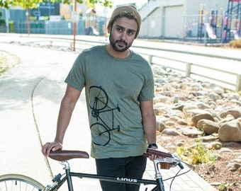 Bike T-shirt, Mens, Unisex Tee, Road Bike Screen Print, Bicycle, Cyclist Gift, Military Green, Comfortable T-Shirt, Earthy Green Gray