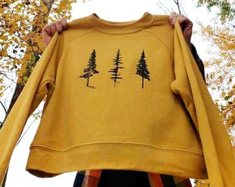 Tree Sweatshirt, Pine Tree Series, Mustard Yellow, Black & White, Tree Screenprint, Women's Cropped Sweatshirt
