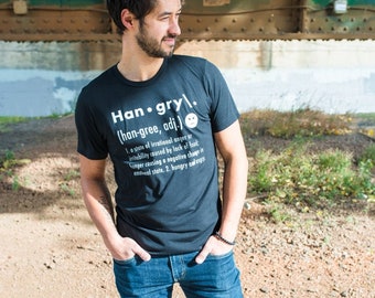 Hangry T-shirt, Men's, Unisex, Funny, Hangry Screen Print, Grey T-shirt, Black T-shirt, Humour